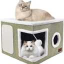 Cat Beds for Indoor Cats, Large Cat Cave Bed with Scratch Pad and Fluffy Ball, Foldable Cat Hideaway, Cat House with Reversible Cushion for Multi Small Pet Up to 30LBS, Green
