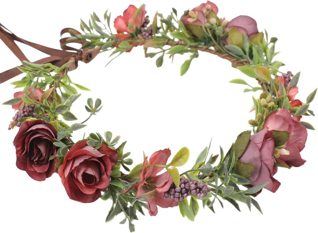 Rose Flower Crown Headband Fairy Floral Headpiece with Ribbon Renaissance Hair Accessories for Women Girls (Red Purple)