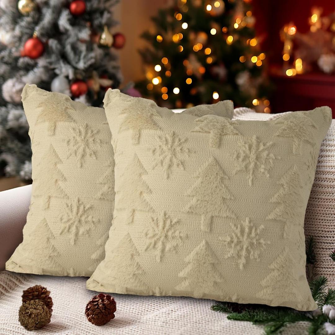 Lanpn 18x18 Christmas Tree Throw Pillow Covers Set of 2, Winter Snowflake Snow Flake Throw Pillow Cases Soft Plush 18 x 18 Winter Cushion Cover for Indoor Home Bedroom Couch Sofa Xmas Decor (Beige)
