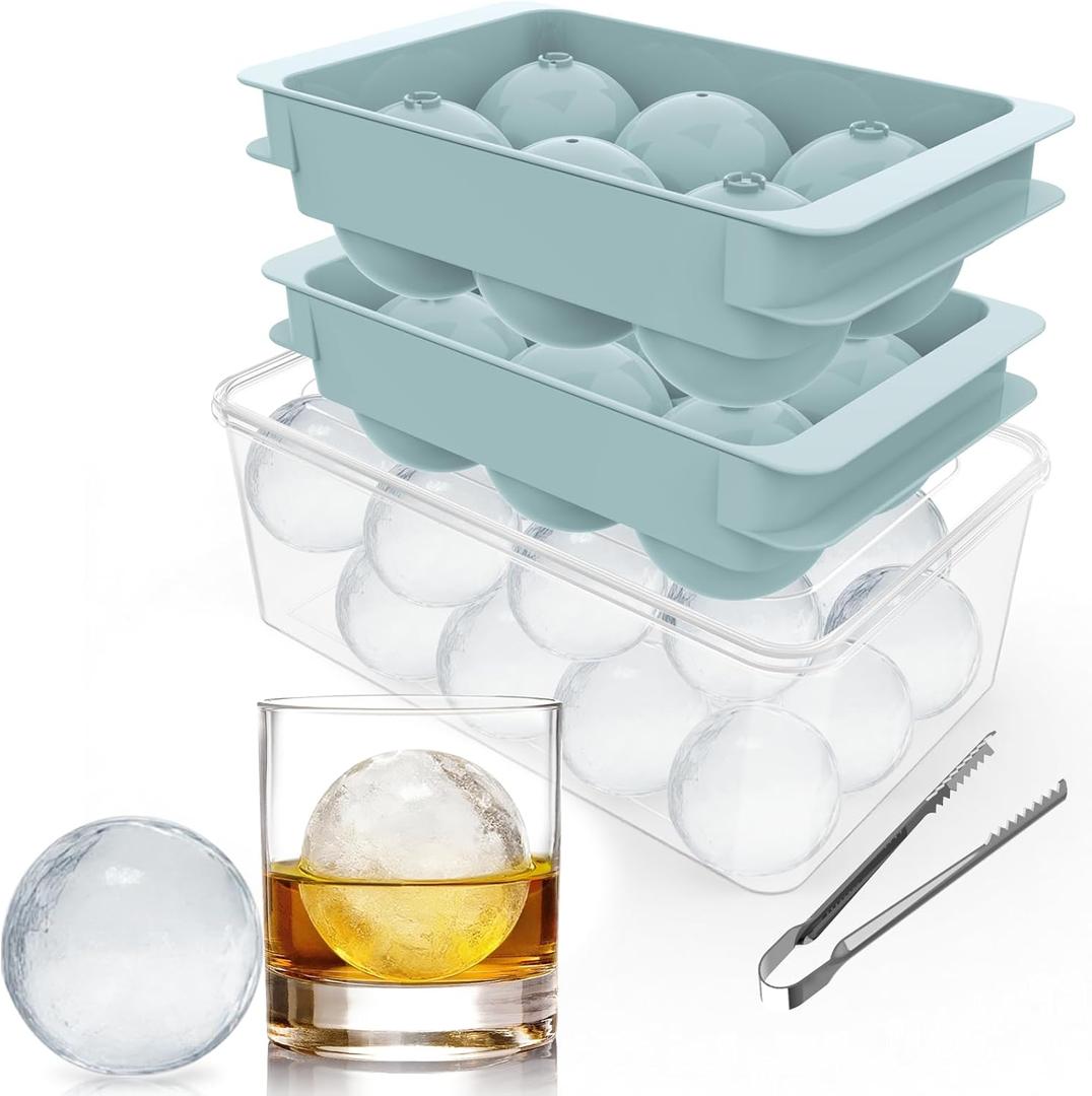 Large Ice Ball Maker Mold, 1.9" Round Ice Cube Mold for Whiskey Bourbon Cocktail, 6 Balls, Sphere Ice Mold, Big Ice Cube Tray with Container and Tongs, Easy to Fill & Release (Blue)