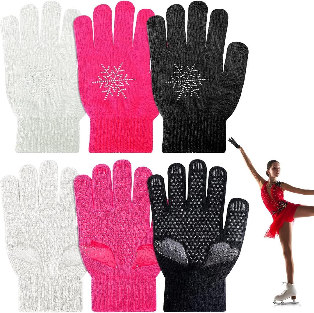 Jiuguva 3 Pairs Ice Skating Gloves Figure Skating Accessories Gloves with Snowflake Rhinestone for Kid Girl (Black, White, Pink)