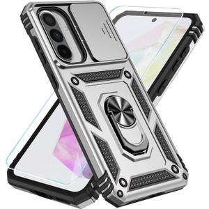 SunStory Case for Samsung Galaxy A36/A56 5G Case with HD Screen Protector & Slide Camera Cover & Rotated Ring Kickstand, [Heavy Duty Shockproof] Dual Layers Phone Case for Galaxy A36/A56 (Silver)