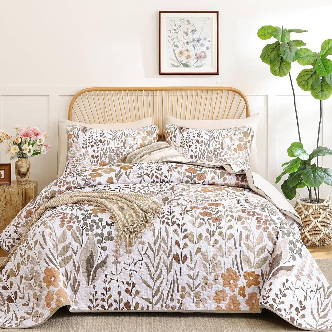 Xruibed Quilt Set King Size 3 Pieces Brown Floral Quilt Sets Reversible Bedspreads Bedding Set Soft and Cozy Microfiber Lightweight Quilt Flower Plant Bed Coverlet Sets for All Season(King 104"x90")