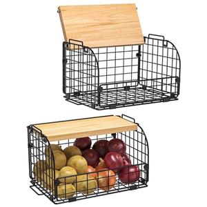 2 Set Stackable Wire Basket with Openable Top, Kitchen Counter, Pantry Organizer and Storage Produce Onion Potato Fruits Vegs Bread Food Snack Spice Organizing Bin for Cabinet Shelf Countertop Floor