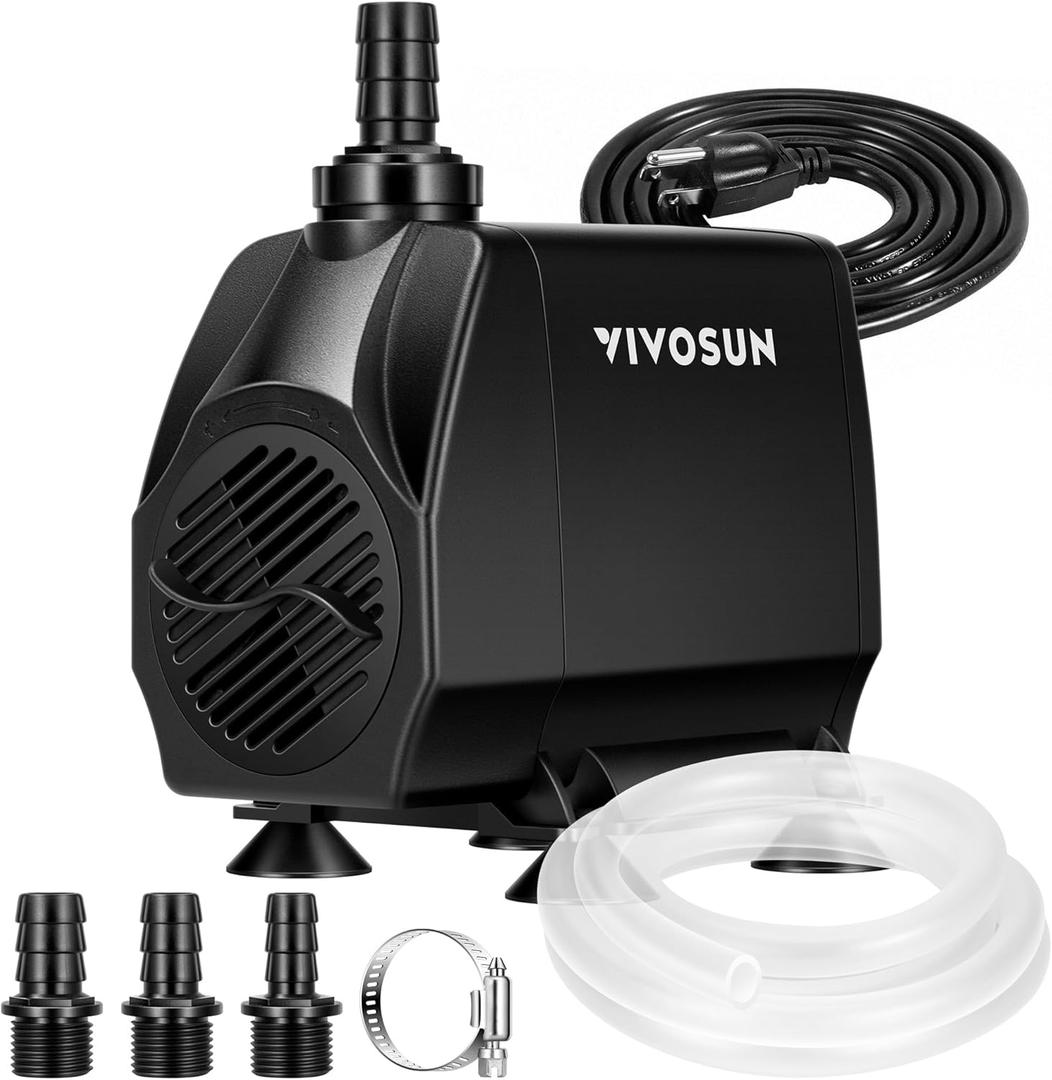 VIVOSUN 1050 GPH 100W Submersible Water Pump, Quiet Fountain Pump With 13.1 ft Head Lift, 6.6 ft Power Cord, 3 Nozzles, Tubing, & 2 Clamps, For Fish Tank, Pond, Aquarium, Hydroponics