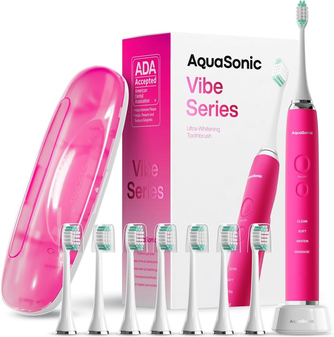 Aquasonic Vibe Series Ultra-Whitening Toothbrush  ADA Accepted Electric Toothbrush - 8 Brush Heads & Travel Case  40,000 VPM Motor & Wireless Charging - 4 Modes w Smart Timer  Electric Pink