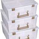 ArtBin 6990ZZ Super Satchel Double Deep 3-Pack, Portable Art & Craft Organizers with Handles, [3] Plastic Storage Cases, Clear & Gold