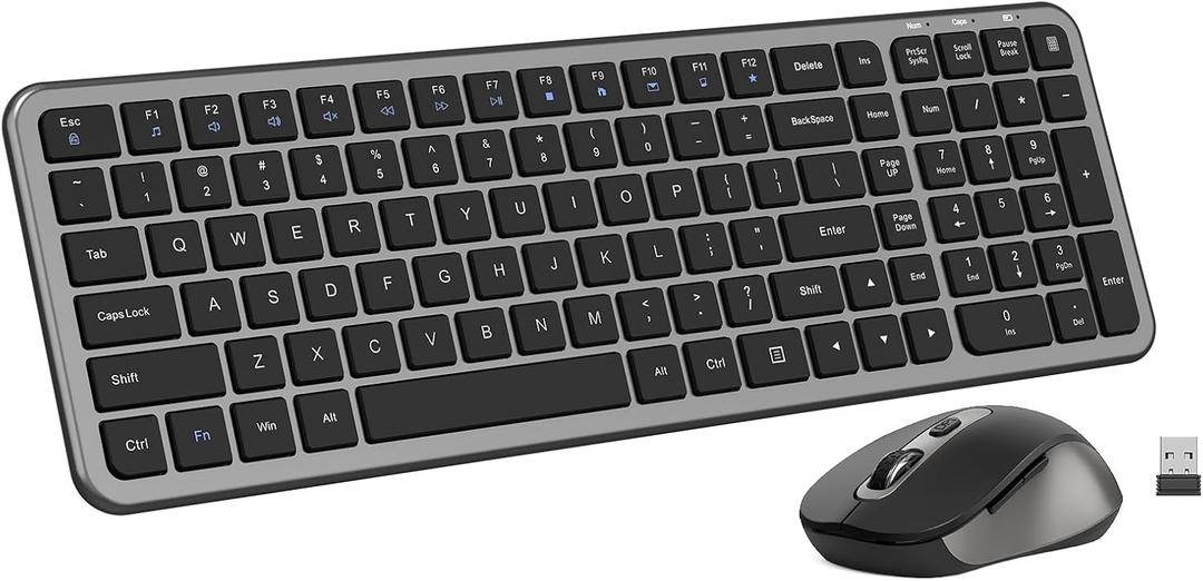 Silent Keyboard and Mouse, Wireless Compact Full-Size Computer Keyboard with Calculator Button, 2400 DPI Mouse, Quiet Clicking, Ultra-Thin Cordless USB Kit for Windows Mac Laptops - Iron Grey