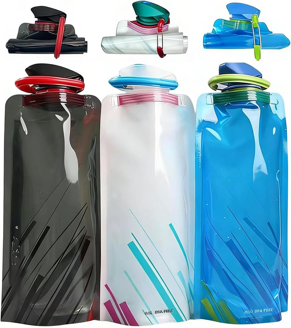 Jinora 3 Pack Collapsible Water Bottles for Travel 24oz Foldable Water Bottle with Leakproof Lid, 700ML Food-Grade Silicone Portable Reusable BPA-Free Water Bottle for Hiking,Sports,Camping,Biking