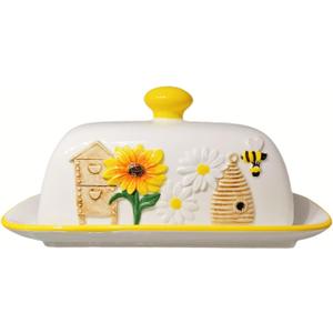 HAN SHENG Ceramic Butter Dish with Lid - Airtight Butter Keeper & Honeycomb Embossed Design - Farmhouse Countertop Storage, Rustic Kitchen Decor, Bee Garden Gift for Butter Lovers