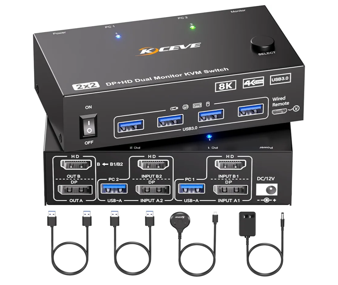 KVM Switch 2 Monitors 2 Computers Displayport HDMI 4K@144Hz, USB3.0 Dual Monitor KVM Switch for 2 Computers Share 2 Monitors and 4 USB Peripherals,Wired Remote 12V Adapter and 2 USB Cable