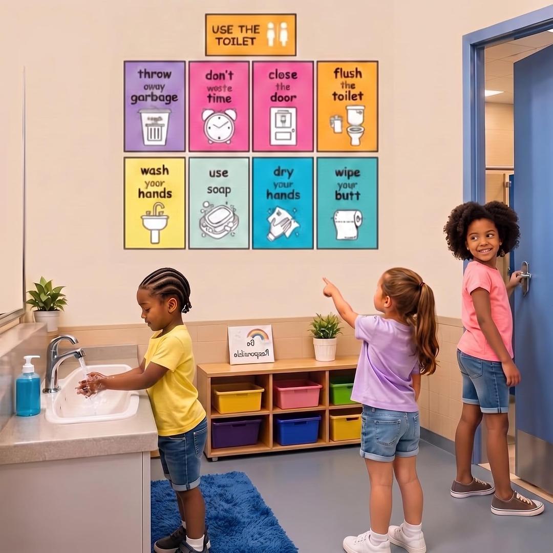 3 x Mooliwe 9 Pcs Bathroom Rules Posters 12 Inch Potty Training Walls Chart Signs Visual Bathroom Decor Step by Step Handwashing Potty Training Guide with Adhesive Dots for School Home Washroom