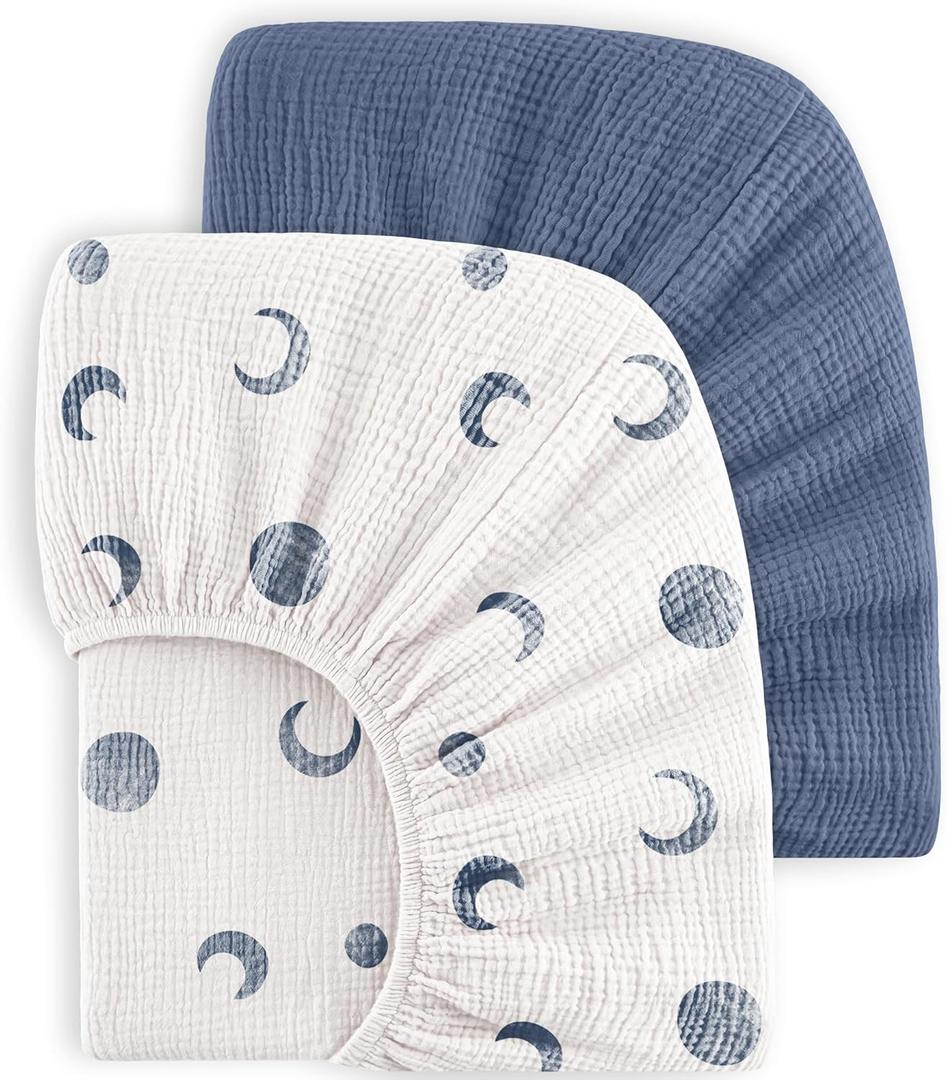 Bearmoss Muslin Crib Sheets 100% Cotton Baby Crib Sheets Soft & Breathable Nursery Sheet 52"x28" for Standard Crib Mattress & Toddler Bed Mattress - 2 Pack (Blue Crescent)