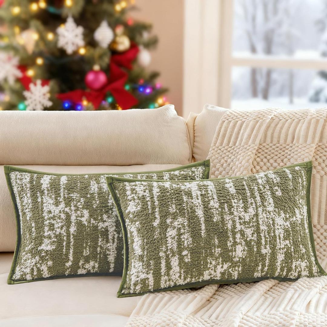 A Moment Throw Pillow Covers 20x12 Inch Set of 2, Soft Textured Decorative Tie-Dye Style Christmas Cushion Covers, Modern Boho Farmhouse Home Decor Pillow Cases for Couch, Bed, Living Room,Olive Green
