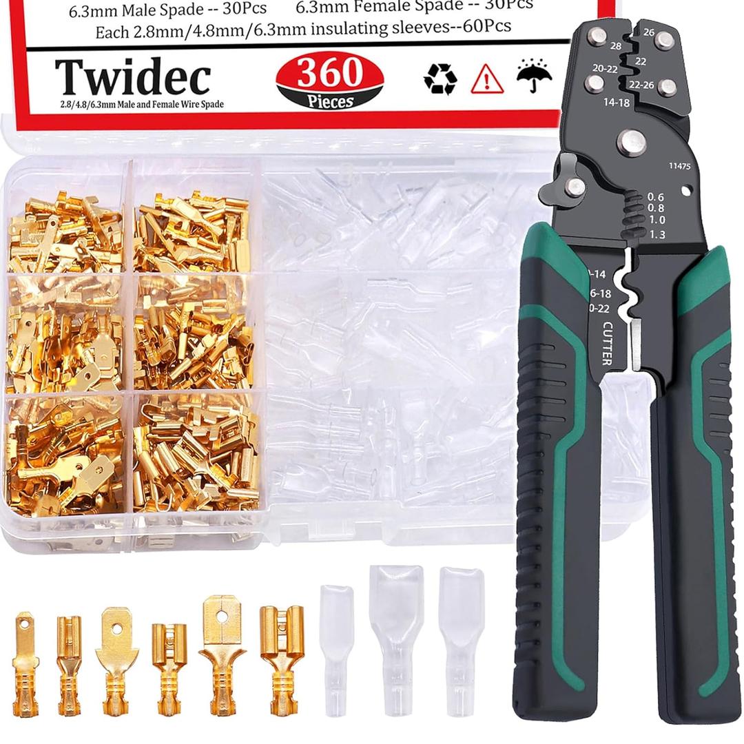 Twidec/360Pcs 2.8/4.8/6.3mm Quick Splice Male and Female Wire Spade Connector Crimp Terminal Block Assortment Kit Golden with Insulating Sleeve for Electrical Wiring Car with Wire Crimper Tool