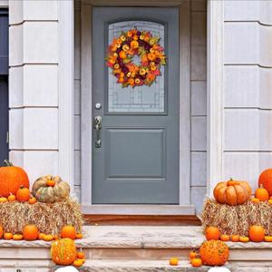 24 Inch Fall Wreath Autumn Front Door Wreath Harvest Wreath with Various Pumpkin Cluster of Maple Leaves for Outside Indoor Wall Window Festival Thanksgiving Autumn Fall Decor
