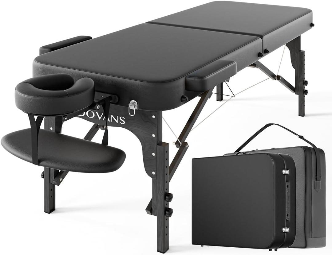 Professional Massage Table Portable 2 Fold Premium Elastic Foam Wooden Leg Hold Up to 1100LBS 10 Heights Adjustable with Carrying Bag All Black