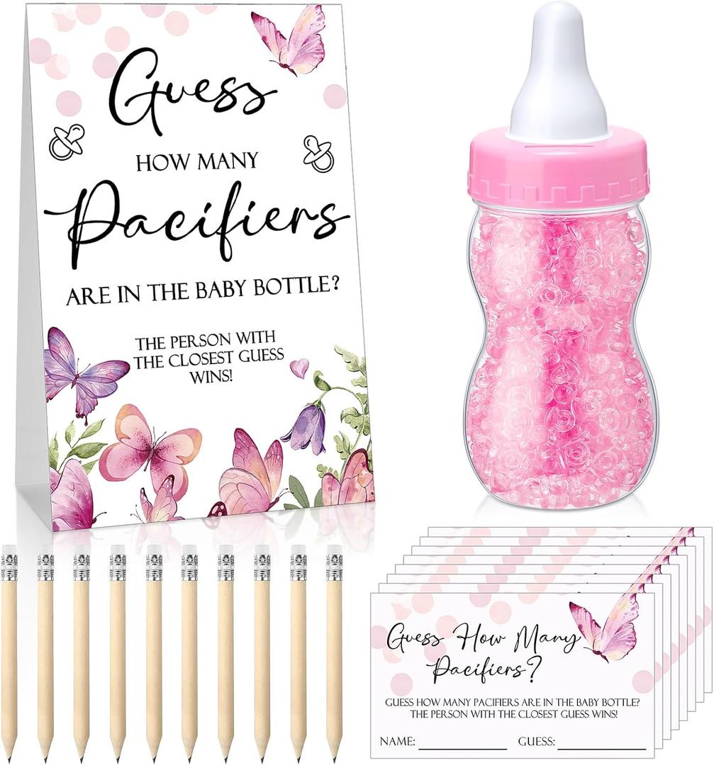 Roowest 512 Pcs Baby Shower Games Guess How Many Pacifiers Sign 100 Small Guessing Games 10 HB Pencils 750ml Milk Bottle 400 Acrylic Pacifiers Decoration for Guest Gender Reveal(Pink,Butterfly)