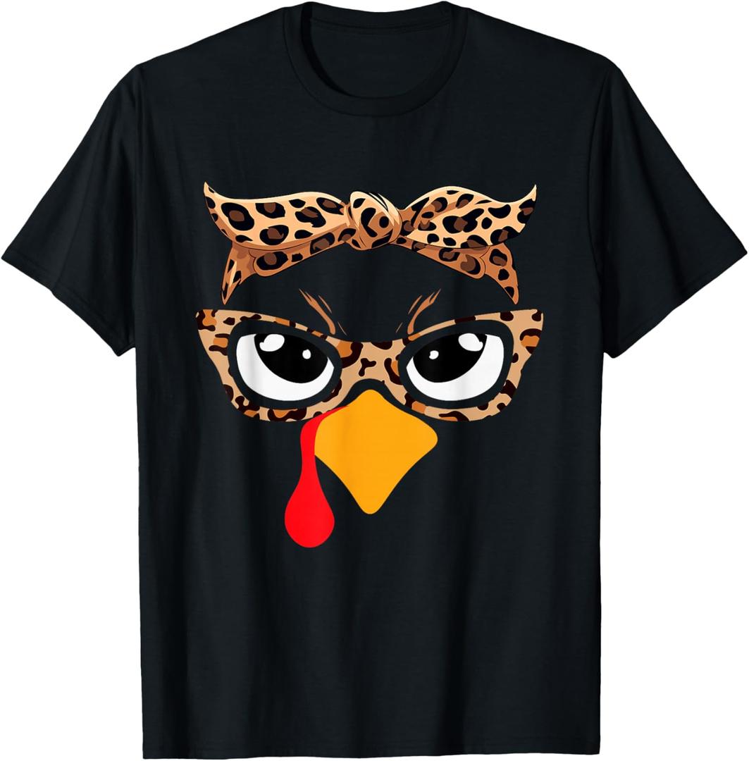 Girls Thanksgiving Turkey Face Leopard Glasses Women Turkey T-Shirt