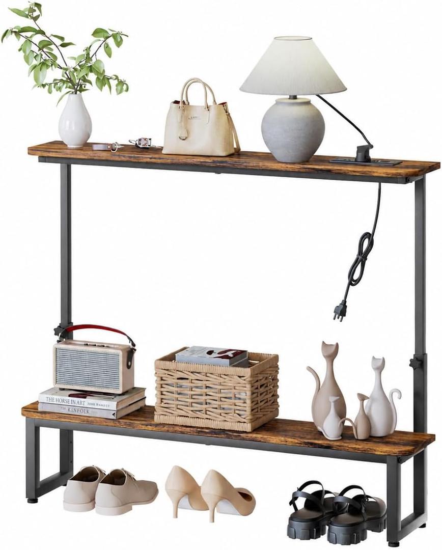 Homde 2-Tier Narrow Console Table: 39.4" Industrial Design with Outlets, 39.3" Length