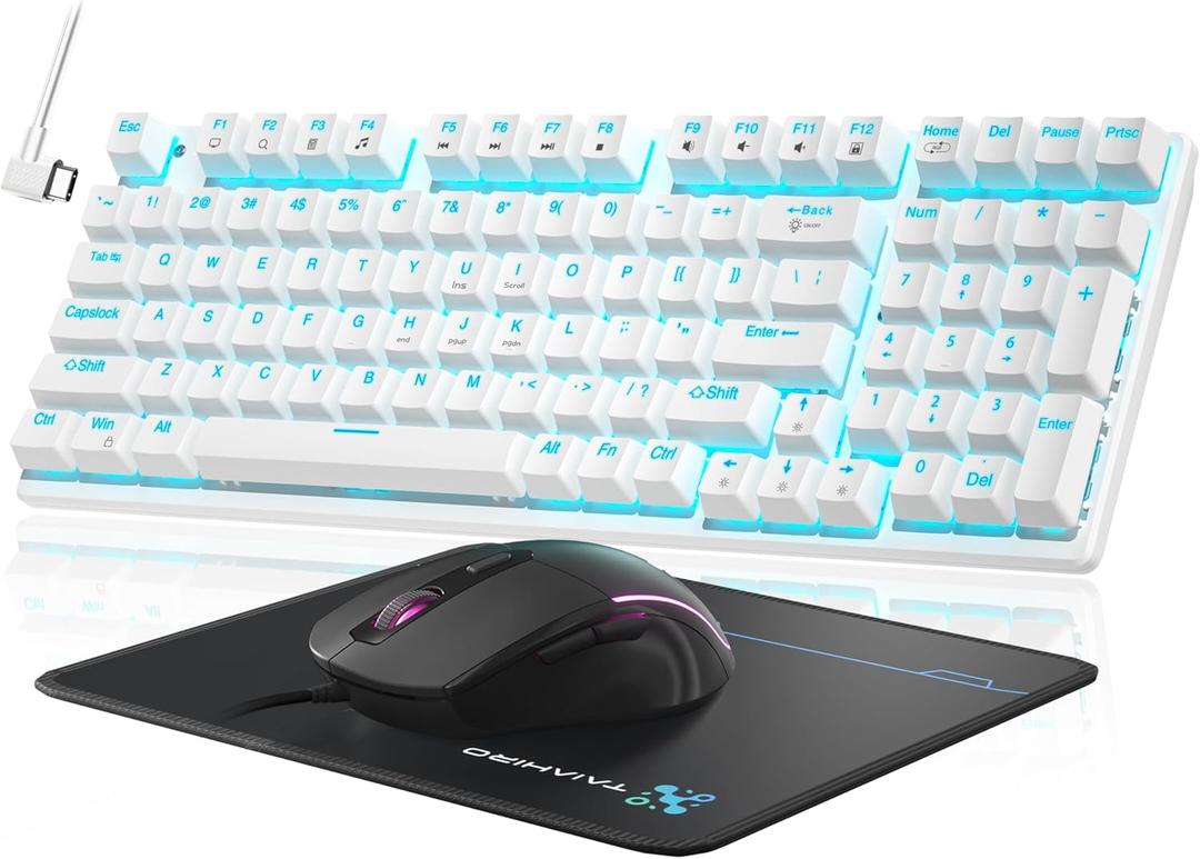 Mechanical Gaming Keyboard and Mouse, 98 Keys LED Backlit Keyboard with Floating Keycap, Ergonomic RGB Gaming Mouse with Mouse Pad Combo, Full Anti-Ghost Wired Keyboard for PC Laptop Gamer, White Mechanical Gaming Keyboard and Mouse, 98 Keys LED Backlit Keyboard with Floating Keycap, Ergonomic RGB Gaming Mouse with Mouse Pad Combo, Full Anti-Ghost Wired Keyboard for PC Laptop Gamer, White