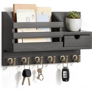 FifthQuarter Key and Mail Holder for Wall, Mail Organizer Wall Mount with 6 Hooks and Storage Drawer, Easy Installation Key Rack for Entryway and Home Decor (A-Black)