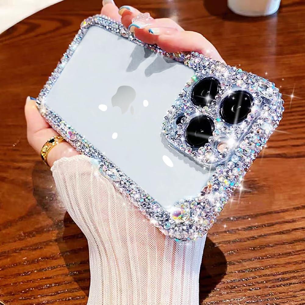 Cavdycidy Designer Compatible with iPhone 15 Pro Bling Clear Case for Women, Cute Glitter Phone Case with Sparkle Rhinestone Diamond Camera Protection Airbag Anti-Fall Crystal Hard Back Cover for Girl