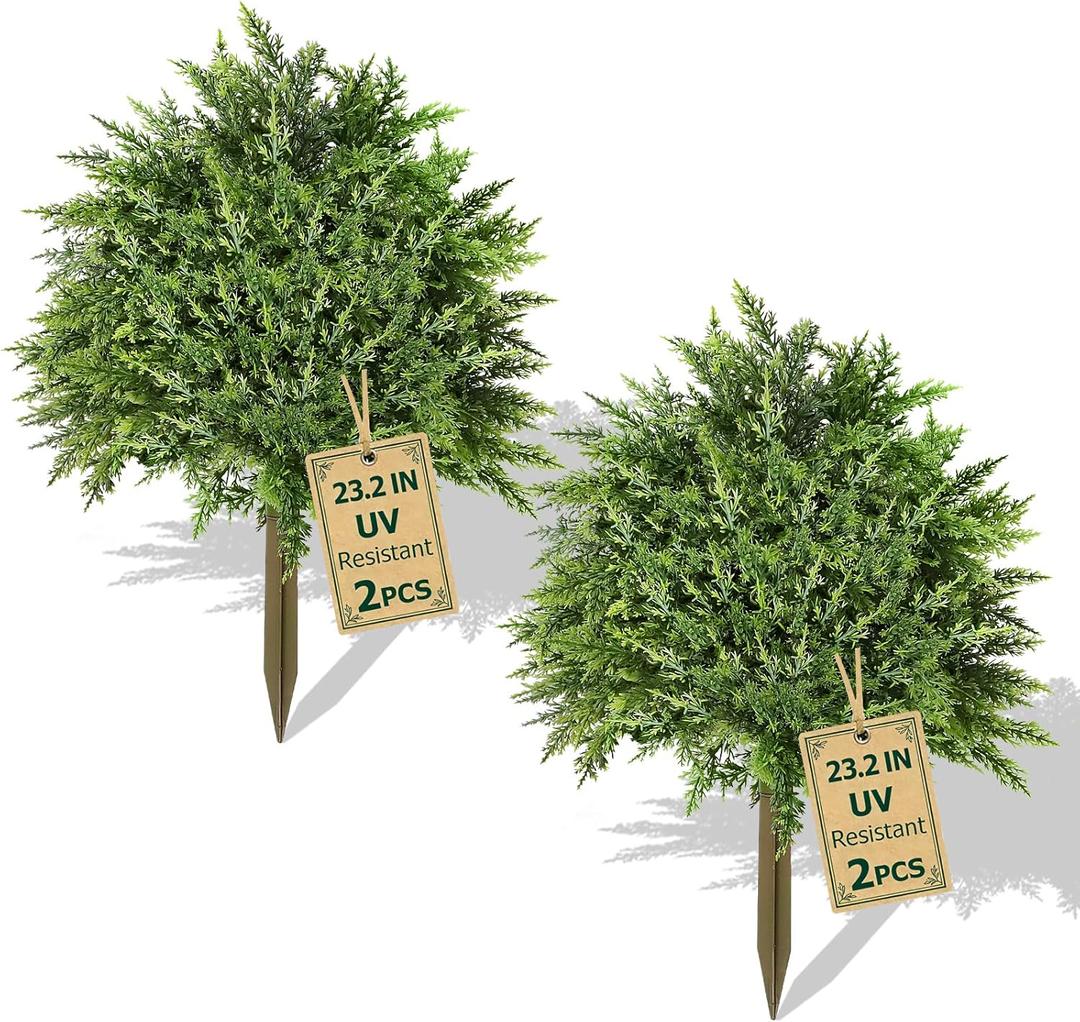 2 Pack Artificial Cedar Topiary Ball Trees, 23.2" UV-Resistant Fake Cypress Plants with Ground Spikes, Realistic Evergreen Artificial Topiary Cedar Bushes for Indoor/Outdoor Front Porch & Garden Decor