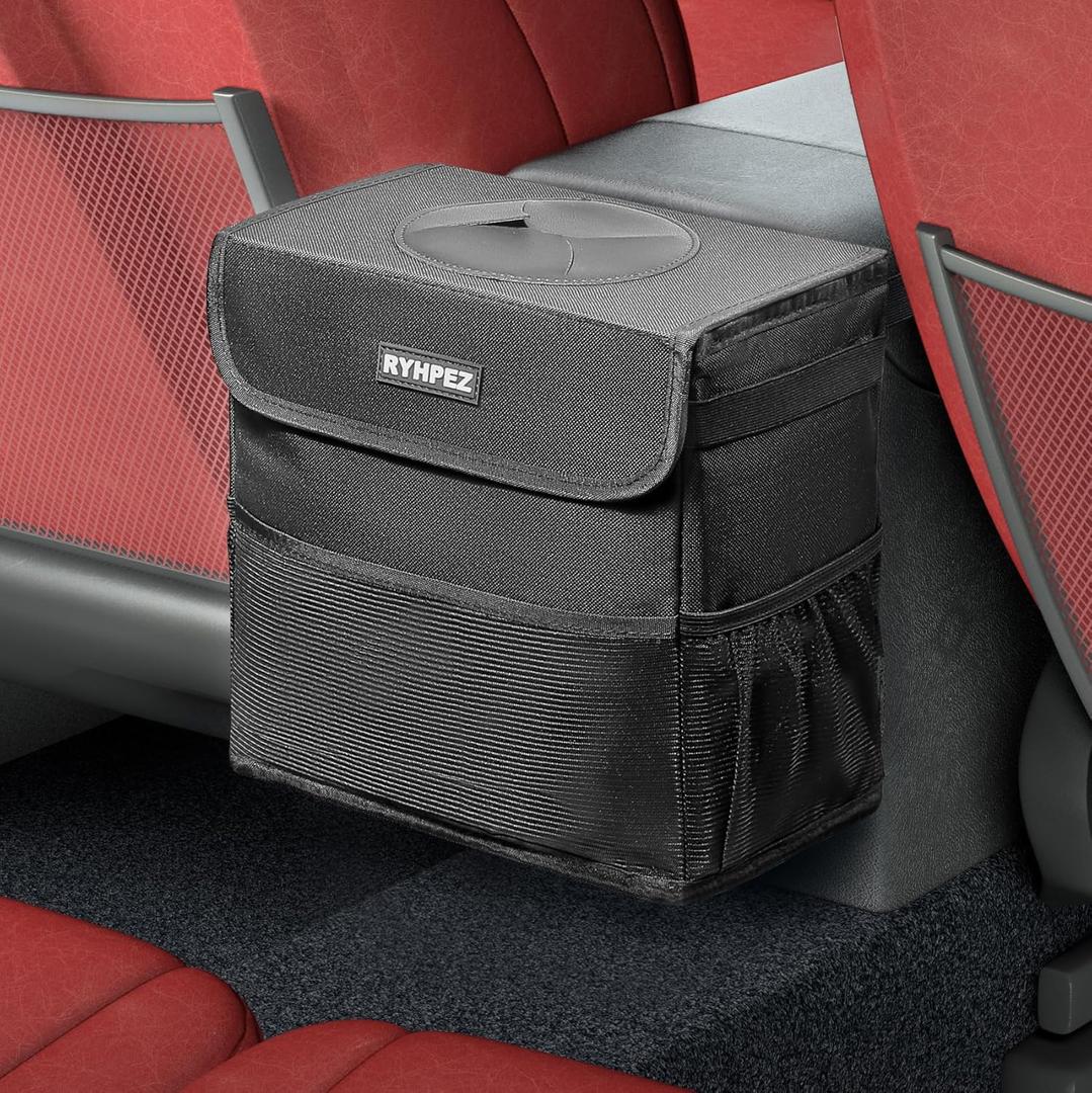 Ryhpez Car Trash Can with Lid - Car Accessories for Women Men, Vehicle Trash Bin Storage Bag, Truck Garbage Can Foldable with Metal Rack Support for Back Seat Hanging (2.4 Gallon/9L)