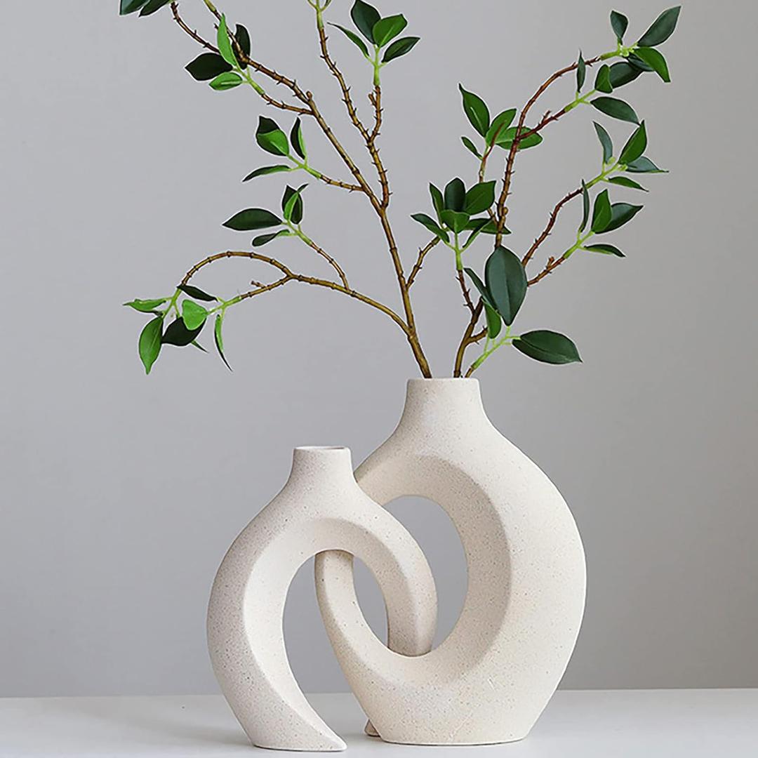 Ceramic Vase Set - 2 Flower Donut Modern Vases for Home Dcor, Creative White Vases Minimalism Style Decor Vase Table Vase for Living Room Entryway Bookshelf Mantel Centerpieces Shelf