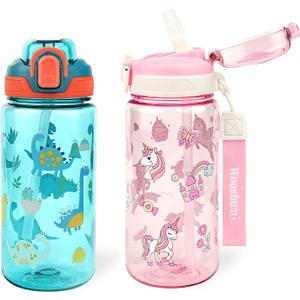 Kids Water Bottle for School or Travel, 20 Oz 2 Pack Durable Plastic Water Bottle with Silicone Straw and Pop-Up Spout Cover, BPA Free & Dishwasher Safe(Unicorn & Dinosaur)