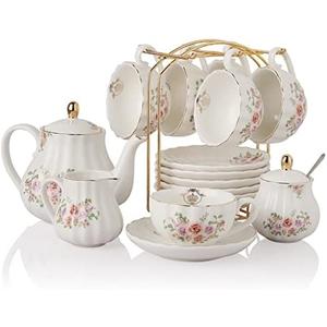 Porcelain Tea Sets British Royal Series, 8 OZ Cups & Saucer Service for 6, with Teapot Sugar Bowl Cream Pitcher Teaspoons and Tea Strainer, Suitable for High Tea, Wedding, Party(Rose Flower) Porcelain Tea Sets British Royal Series, 8 OZ Cups & Saucer Service for 6, with Teapot Sugar Bowl Cream Pitcher Teaspoons and Tea Strainer, Suitable for High Tea, Wedding, Party(Rose Flower)