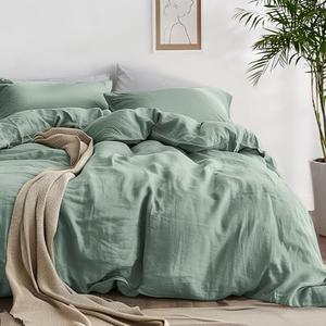 Bedsure 100% Washed Cotton Duvet Cover Queen Size - Green Minimalist Cotton Duvet Cover Linen Like for All Seasons - GentleSoft™ Plain Simple Bedding, 3 Pieces (Green, Queen, 90"x90")