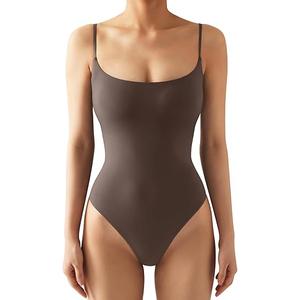 SUUKSESS Women Sexy Square Neck Thong Bodysuit Backless Cami Bodysuit Top (Brown, Medium)