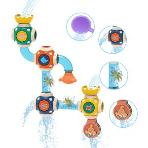 Bath Toys, STEM Baby Bathtub Toy with DIY Pipe Tubes, Cubes,Spoon, Lovely Cute Bathroom Time Spray Waterfall Shower Toy, Suitable for Toddlers Boys Girls 3 Years and up