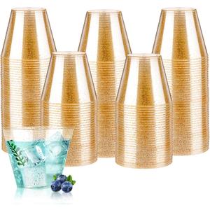 Goodluck 9 oz 200 PCS Gold Glitter Plastic Cups, Disposable Glitter Cups, Elegant Plastic Cocktail Glasses, Fancy Party Cups for Wedding, Birthday, Holiday