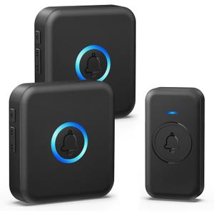 Wireless Doorbell, Waterproof Door Bell with 60 Chimes, 5 Volume Levels & 2 Mute Modes, Loud Door Bell Ringer Wireless for Home Classroom Office (2 Receiver & 1 Button, Black, American Plug)