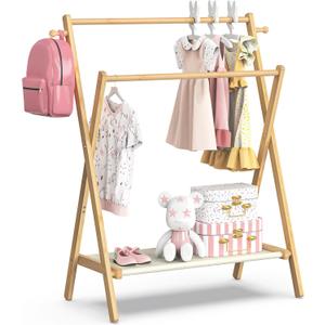 BAMBOOHOMIE Kids Clothing Rack, Small Clothes Rack for Toddler Pets, Kids Dress Up Rack with Storage Shelf & Double Rods, Foldable Kids Clothes Rack for Nursery Child's Room (Regular Size)