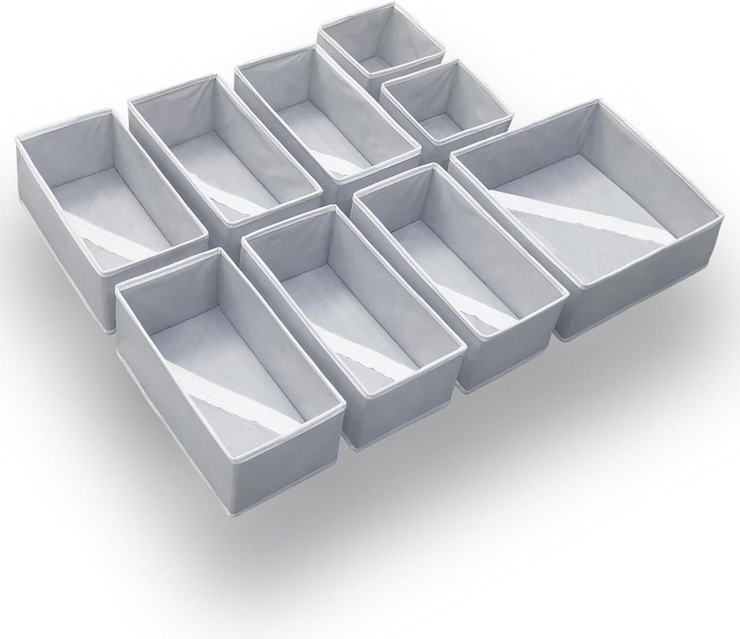 Dresser Drawer Organizers for Clothing, 9p Set (1L, 6M, 2S), Foldable Fabric Storage Bins, Clothes Drawer Dividers for Bedroom, Dorm, Nursery