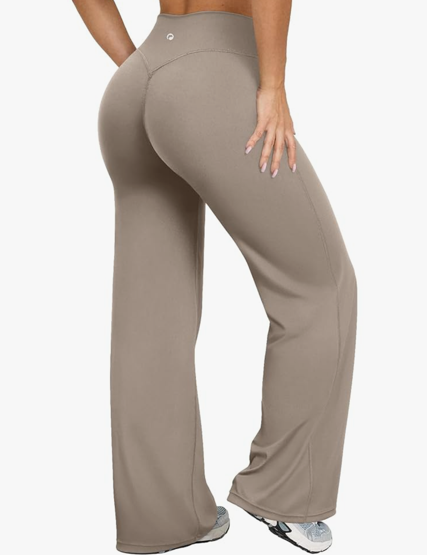 OQQ Yoga Pants Women High Waist Stretch Casual Soft Straight Leg Bottoms, L,Taupe