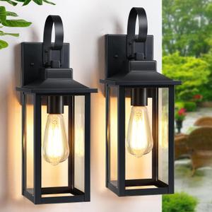 Black Outdoor Lights for House 2-Pack, Anti-Rust Coach Lights for Garage with Tempered Glass, Waterproof Modern Farmhouse Exterior Lighting Fixtures, 17" Outside Sconce Porch Lights Wall Mount