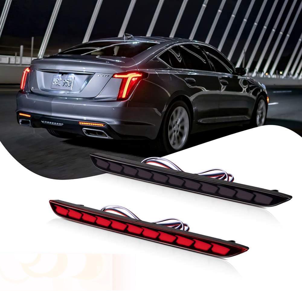 LED Rear Bumper Reflector Sequential Lights Turn Singal Driving Tail Brake Light DRL Plug and Play for 2019+ Cadillac CT5 CT5-V CT5-V Blackwing (Smoked Black)
