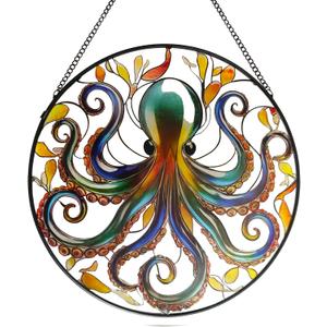 Octopus Stained Glass Window Hanging, 9.8 Sun Catcher Glass Panel Ocean Theme Wall Art Decor with Chain, Birthday Gift for Sons, Daughters, Grandson