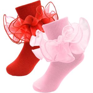 2 Pairs Girls Ruffle Socks Toddler Girl Frilly Dress Socks Fold Double Lace Big Ruffles Church Fancy Sock Little Kids (4-6 Years)