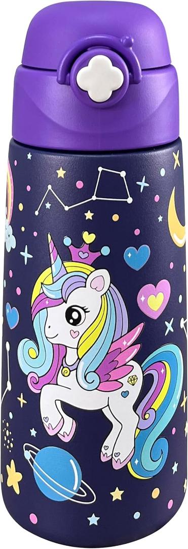Girls Insulated Water Bottle with Covered Pop-Up Straw,16 oz Kids Cups with Stainless Steel Leak Proof for SchoolUnicorn-Purple