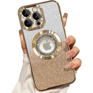 Misscase for iPhone 15 Pro Max Magnetic Glitter Case Compatible with MagSafe,Full Protection Slim Shockproof Anti-Scratch Case with Camera Lens Protector Logo View Dust-Proof Net for Women Gold