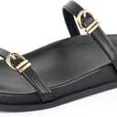 Adjustable Double Buckle Leather Flat Sandals For Women Arch Support Comfort Beach Walking Shoes (9, Black)
