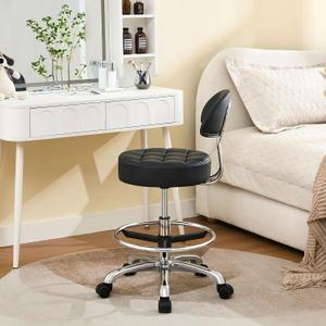 FIRAVOE Salon Stool with Back Support (Sturdy Aluminum Base) (Lash Chair with Quiet Wheels and Foot Rest) Black Leather Vanity Chair (Black)