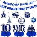 Kuxriox 11Pcs 10th Birthday Decorations Kit for Boys Men, Blue Sliver Happy 10th Birthday Banner, Awesome Since 2016 Centerpieces Swirls Party Supplies, Ten Bday Banner Ceiling Table Topper Sign