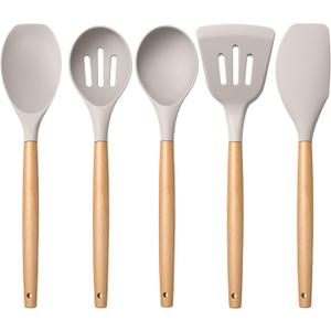 E-far Silicone Cooking Utensils Set, 5-Piece Kitchen Utensils Set with Wooden Handle for Cooking, Silicone Kitchen Nonstick Tools Spatula Turner Slotted Spoons, Nontoxic & Heat Resistant-Khaki